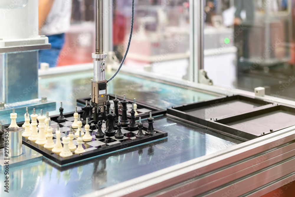Automated modeling system checking and sorting handling and movement workpiece (sample chess) on chess board in factory