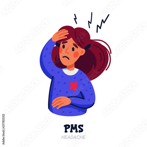 PMS symptoms concept. Woman suffering from premenstrual syndrome such as headache. Flat style vector illustration on white background.