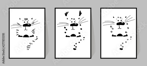 Silhouettes of cartoon wild animals. Monochrome poster with cats. Funny characters for printing wall decal, cards and patterns on clothing, fabrics. Tiger, leopard, lynx.