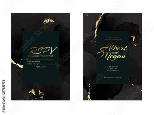 Black gold save the date rsvp  card. Wedding invitation lettering with alcohol ink splas. Liquid flow vintage template with golden foil elemtns. Modern business set