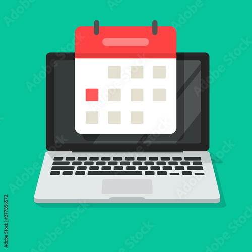 Calendar or agenda on laptop computer screen vector icon, flat cartoon online organizer app on pc display with event date reminder top view image