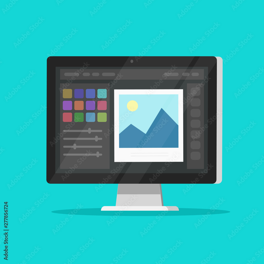 Stockvektorbilden Photo or graphic editor on desktop computer monitor  vector icon, flat cartoon pc screen with design or image editing software  or program symbol isolated image | Adobe Stock