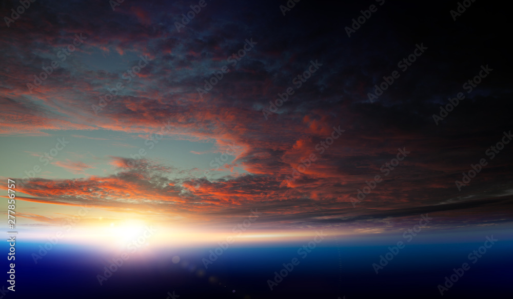 Earth with sunrise on blue space background