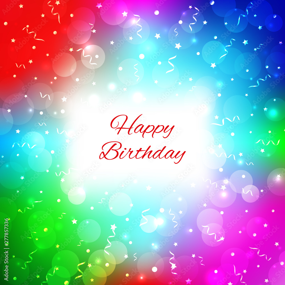 Festive party colorful background with confetti, bokeh and serpentine. Bright multicolor background. Happy birthday card with place for text. Vector greeting card