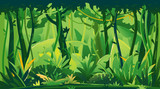 Wild jungle forest with trees, bushes and lianas, nature landscape with green jungle foliage and exotic plants growing on ground, horizontal banner with tropical plants on sunny day