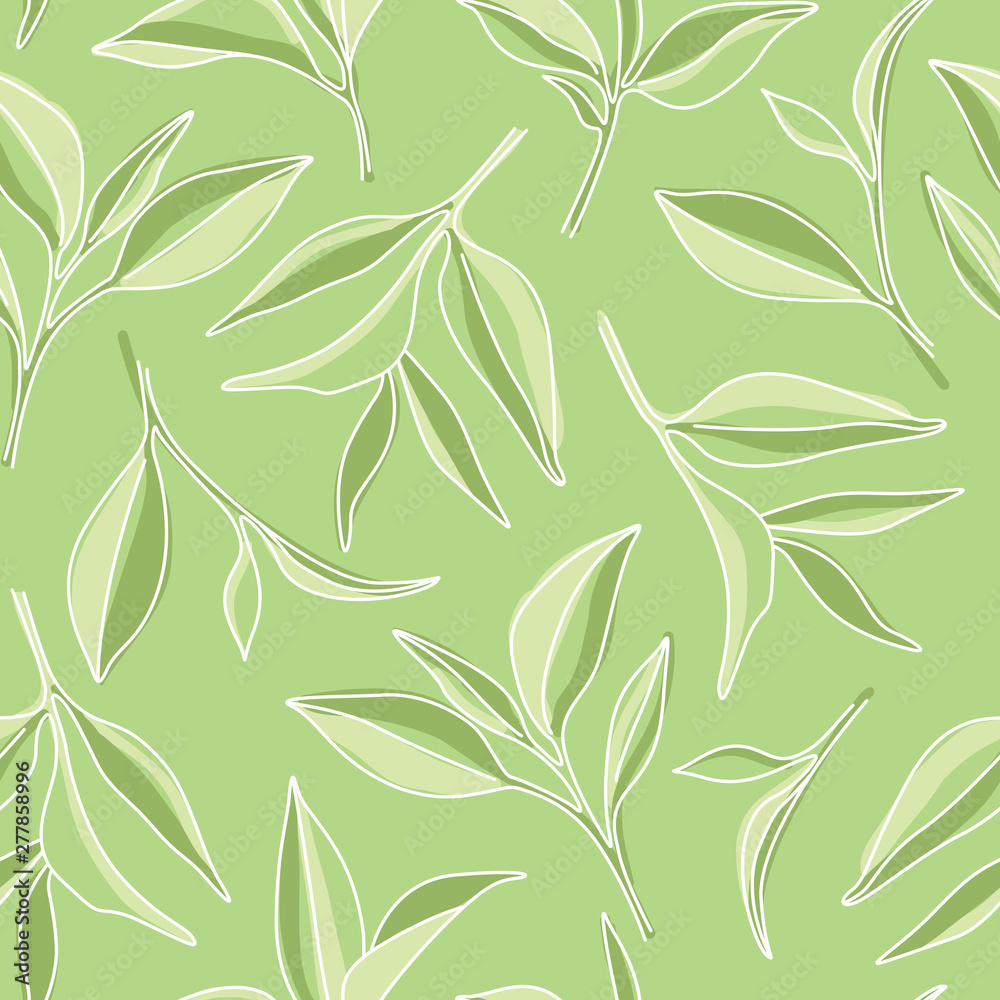 Matcha Green Tea Leaves Graphic Pattern on Green Background