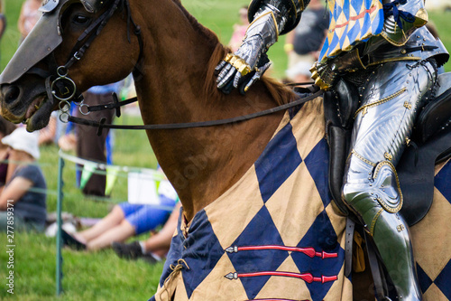 A medieval knight sitting on a horse wearing shining armour