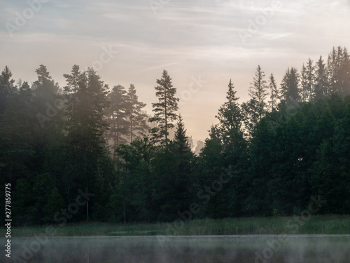 Foggy and mystical lake landscape before sunrise. All silhouettes are blurry and unclear. Vaidavas lake, Latvia © ANDA
