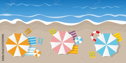 summer holiday on a tourist beach top view with parasol flip flops ball and lifebelt vector ilustration EPS10