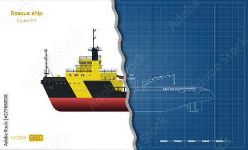 Outline blueprint of rescue ship on white background. Top, side and front view. Industry 3d drawing in realistic style. Isolated image of boat