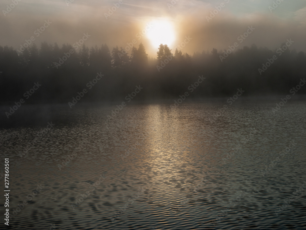 Fototapeta premium Foggy and mystical lake landscape before sunrise. All silhouettes are blurry and unclear. Vaidavas lake, Latvia