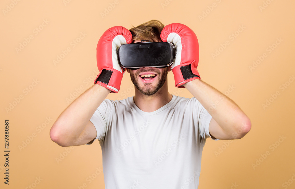 Modern technologies. man use new technology. boxing in virtual reality.  Digital sport success. vr boxing. future innovation. modern gadget.  Training boxing game. man in VR glasses. Futuristic gaming Stock-Foto |  Adobe Stock