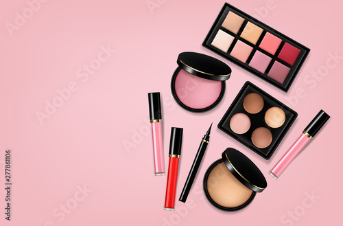 Cosmetics set Vector realistic. Eye shadow, lip gloss and powder blush collection. Product placement. 3d illustration. Top views