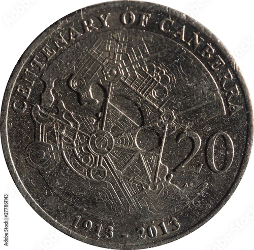 Australian twenty-cent coin features Commemorating the Centenary of Canberra, Isolated on white background. photo