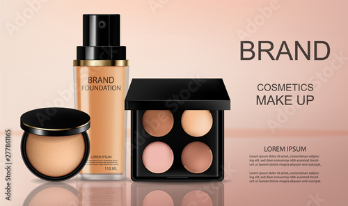 Cosmetics set Vector realistic. Eye shadow and foundation collection. Product placement mock up. 3d illustrations