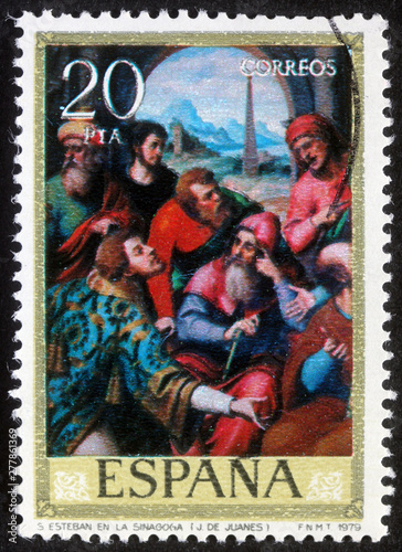 Stamp printed in Spain shows St. Stephen in the synagogue, circa 1979