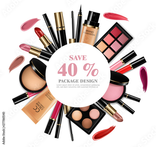 Cosmetics set Vector realistic. Eye shadow, lip gloss and powder blush collection. Product placement. 3d illustrations