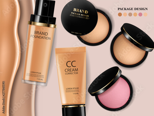 Foundation and blush powder Vector realistic cosmetics. Product placement. Pouring liquid 3d detailed illustrations