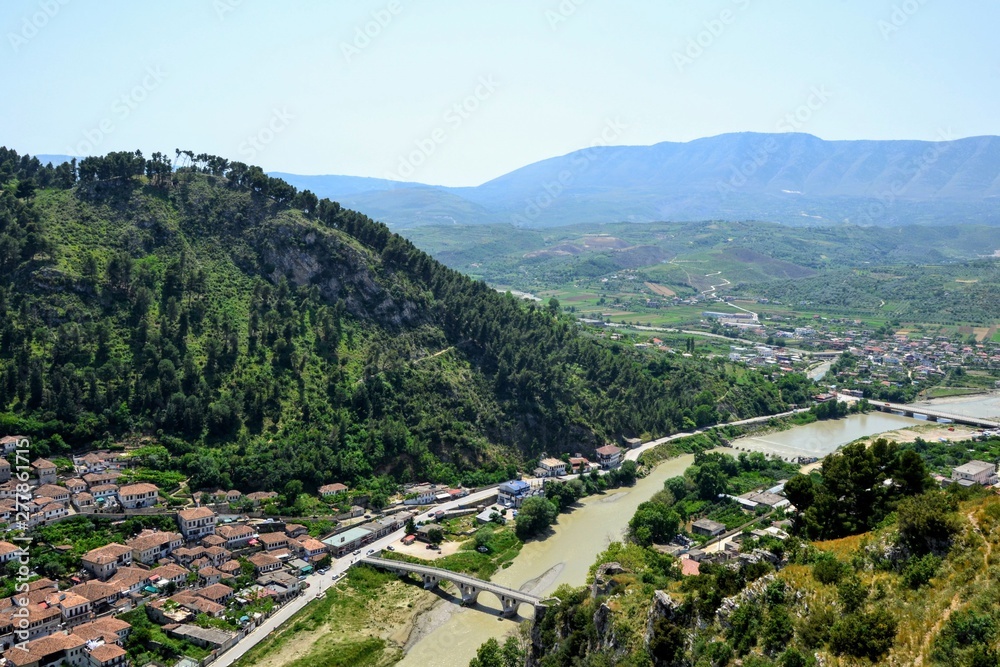 The albanian ancient city of Berat, designated a UNESCO World Heritage Site in 2008. Top view from the Berat Castle to Gorica quarter, Gorica bridge and Osum (Osumi) river