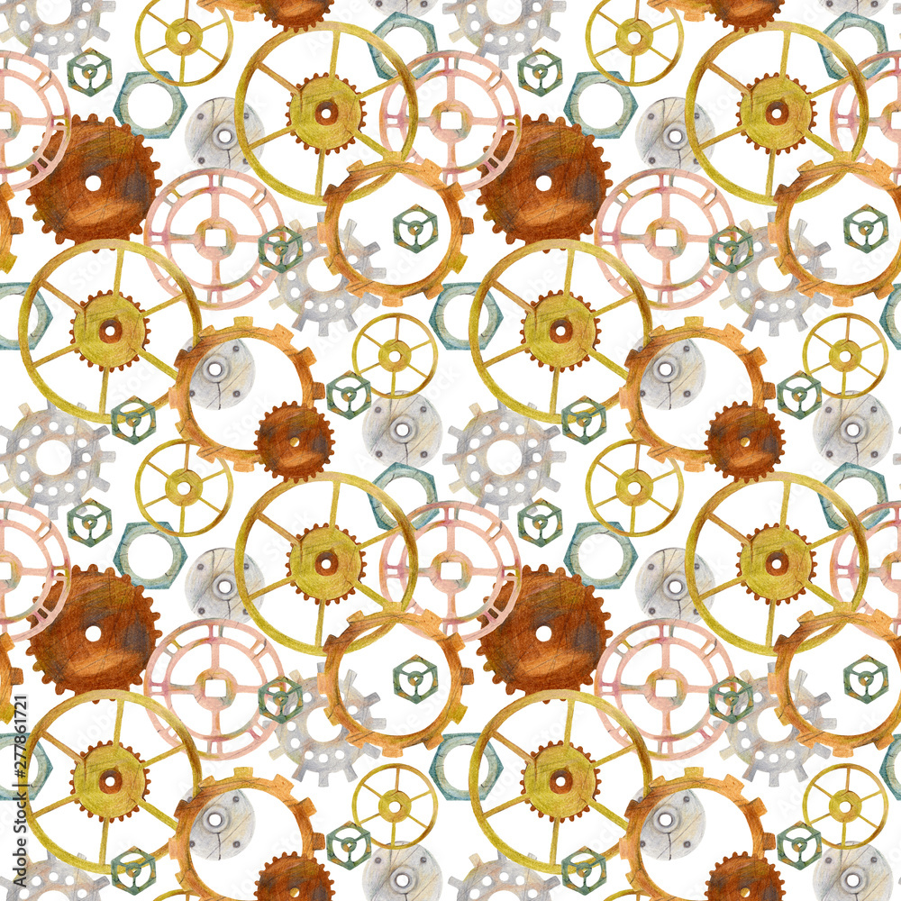 Steampunk seamless pattern with ventil, valve, gears. Hand drawn ...