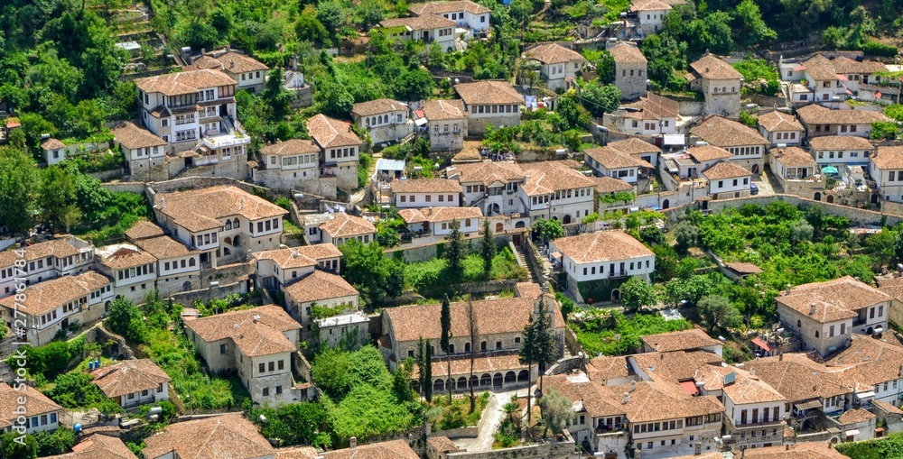 The albanian ancient city of Berat, designated a UNESCO World Heritage Site in 2008. Panoramic top view from the Berat Castle to Gorica quarter with picturesque old houses 