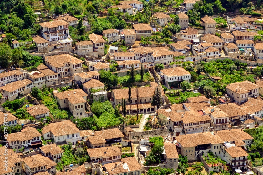 The albanian ancient city of Berat, designated a UNESCO World Heritage Site in 2008. Top view from the Berat Castle to Gorica quarter with picturesque old houses 