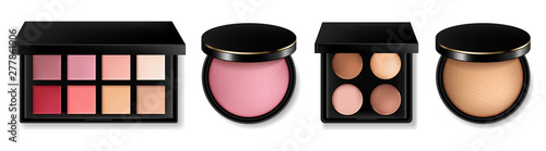 Cosmetics set Vector realistic. Eye shadow, lip gloss and powder blush collection. Product placement. 3d illustrations photo