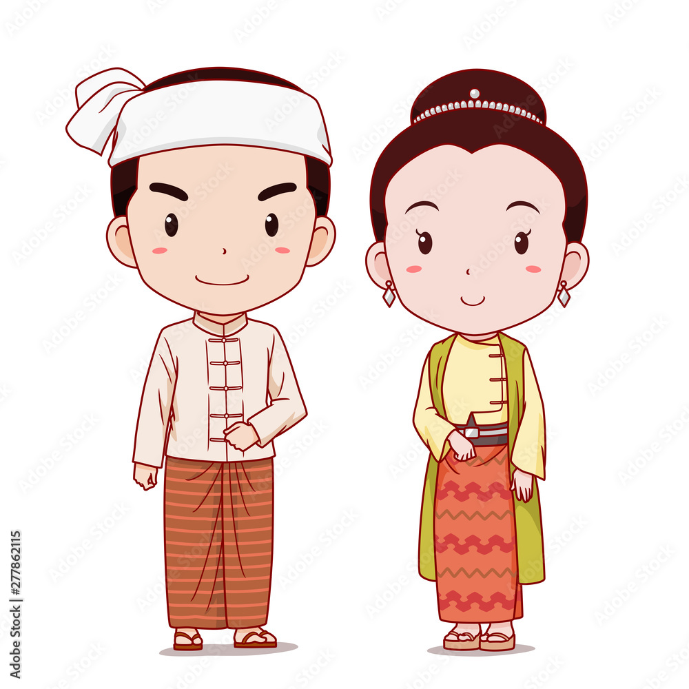 Couple of cartoon characters in Myanmar traditional costume. Stock ...