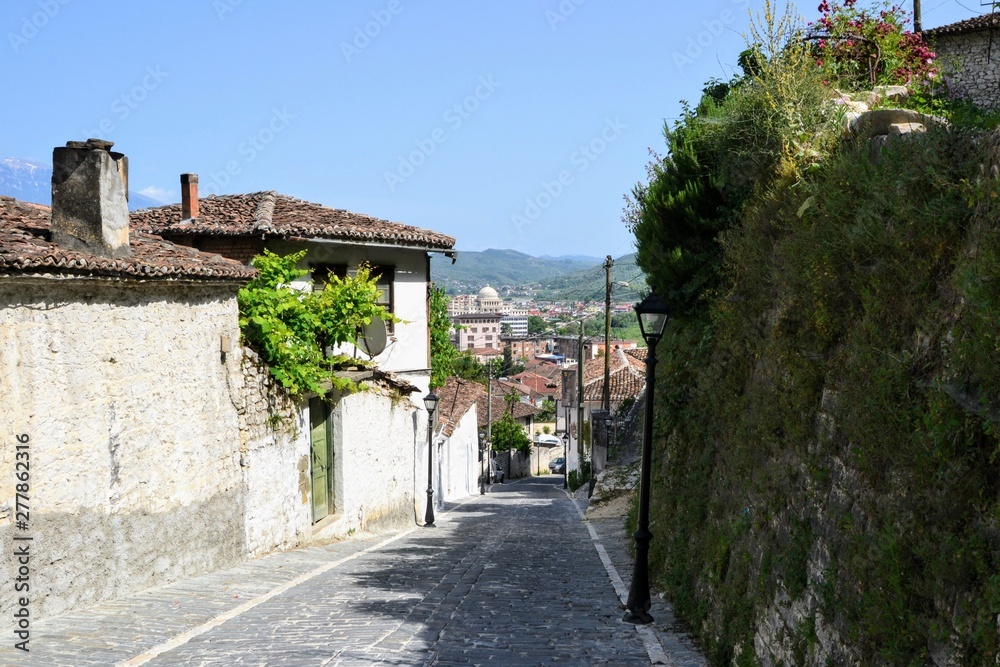 Steep narrow road leading to Berat Castle (Albanian: Kalaja e Beratit), a fortress overlooking the town of Berat, Albania. Berat designated a UNESCO World Heritage Site