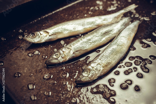 Seafood. Small sea fish, anchovies, capelin, smelt, on dark background