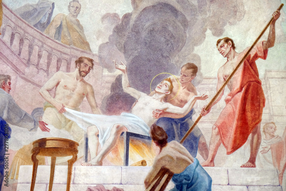 Martyrdom of the Saint Lawrence, ceiling fresco in the Saint Lawrence church in Denkendorf, Germany Martyrdom of the Saint Lawrence, ceiling fresco in the Saint Lawrence church in Denkendorf, Germany