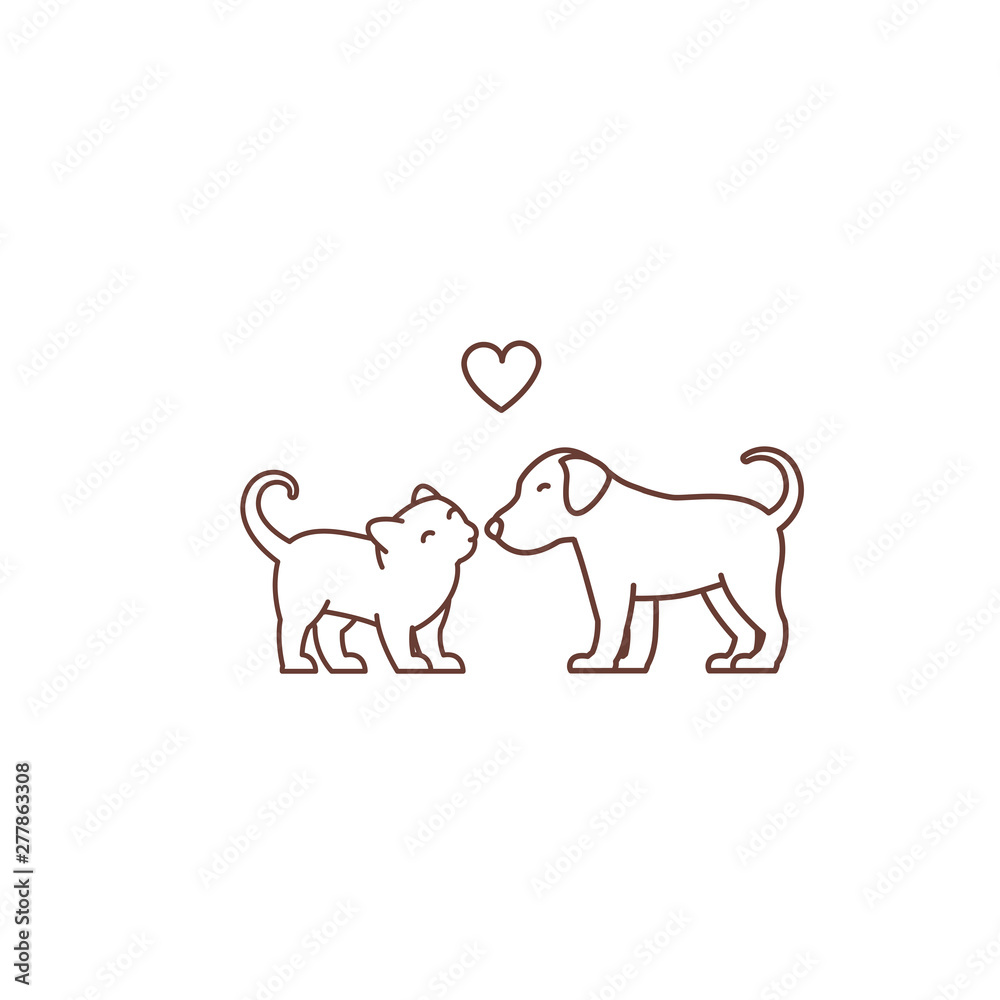 Kitten kisses puppy logo or icon. Friendship of the species. Love and heart. Cat and dog. Pet Shop. Outline contour line vector illustration.