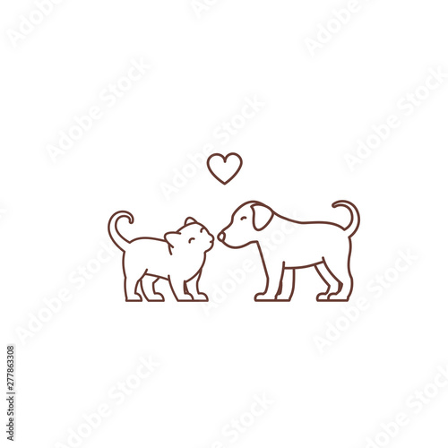 Kitten kisses puppy logo or icon. Friendship of the species. Love and heart. Cat and dog. Pet Shop. Outline contour line vector illustration.