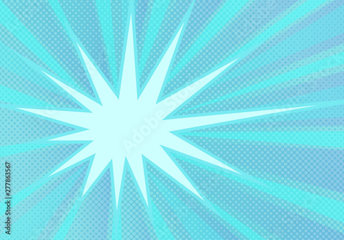 Abstract blue pop art background with  azure rays and halftone dots. Retro vector illustration, vintage drawing. Comic cartoon style.