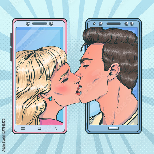 Romantic vector illustration in pop art style on love story theme, online dating, relationship at a distance, dating apps. Couple in love, kiss each other and admit each other in love.