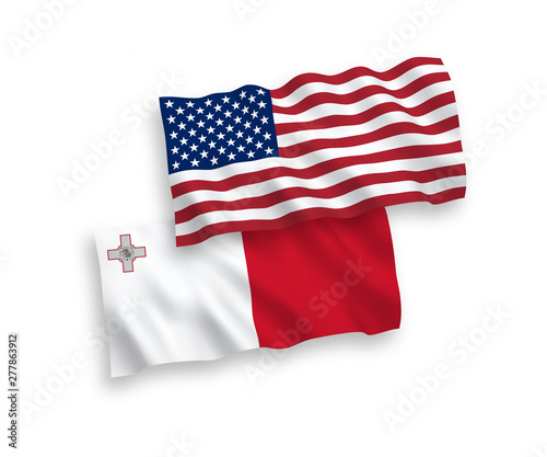 National vector fabric wave flags of Malta and USA isolated on white background. 1 to 2 proportion.