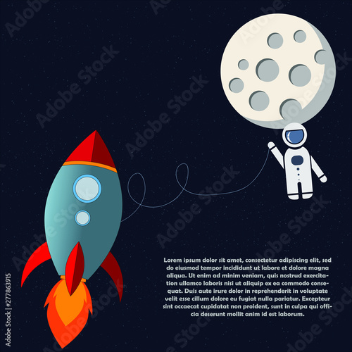 Astronaut travel to the moon with space rocket. Stars background with moon.
