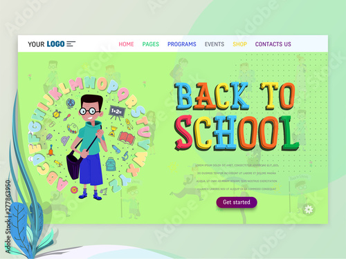 Concept of schoolwork for Website or Web Page. Children and school, learning game and entertainment, landing page.
