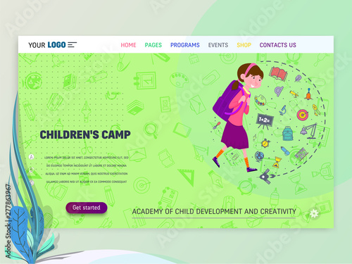 Concept of schoolwork for Website or Web Page. Children and school, learning game and entertainment, landing page.