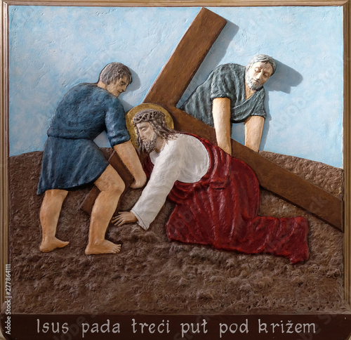 9th Stations of the Cross, Jesus falls the third time, church of Immaculate Conception of the Virgin Mary in Malesnica, Zagreb, Croatia photo