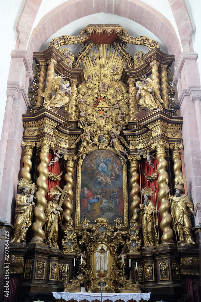 Assumption of Mary, main altar in Cistercian Abbey of Bronnbach in Reicholzheim near Wertheim, Germany