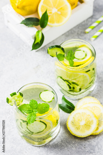 Cucumber citrus mint water. Selective focus, space for text.