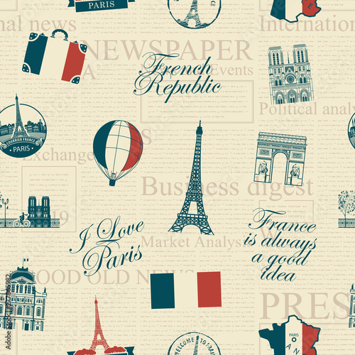 Vector seamless pattern on France and Paris theme with inscriptions, architectural landmarks and flag of French Republic in retro style on the newspaper background. Wallpaper, wrapping paper, fabric