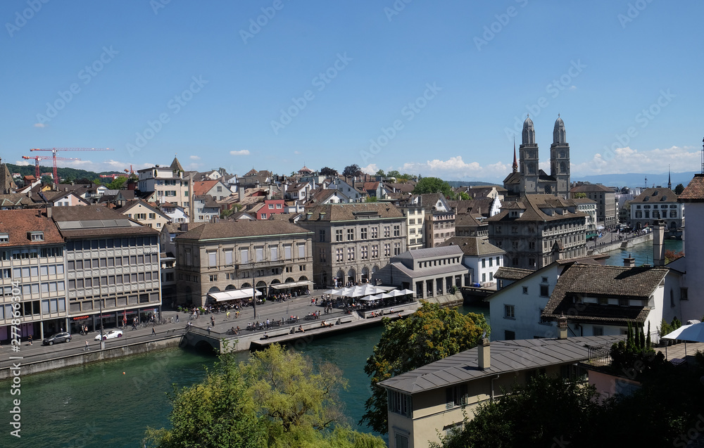 Fototapeta premium Panorama view of historic city center of Zurich with famous Grossmunster Church