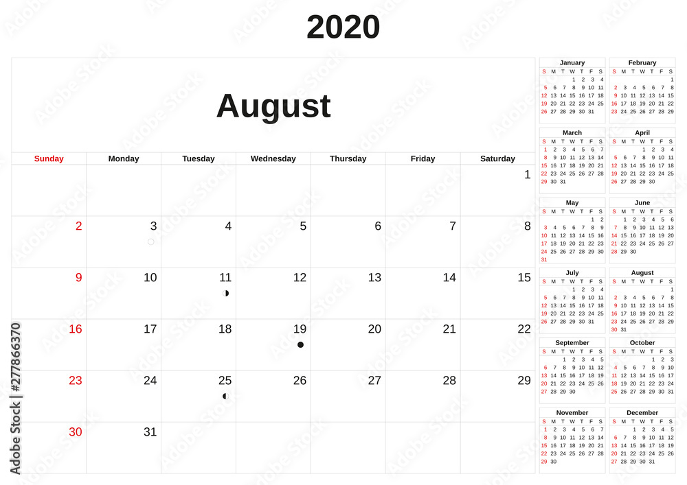 2020 a monthly calendar with white background. 2020 a monthly calendar with white background.