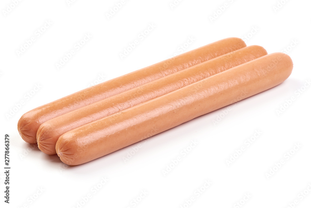 Fresh boiled chicken sausages, for grill, close-up, isolated on white background Fresh boiled chicken sausages, for grill, close-up, isolated on white background