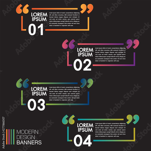 Colorful speech banners for quote box frame set on black background.Texting boxes.Template Info design boxes quotation bubble blog symbols.Creative vector banner illustration.