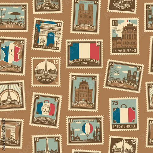 Vector seamless pattern with postage stamps on theme of France and Paris in retro style. French architectural landmarks, map and flag. Can be used as wallpaper, wrapping paper, fabric