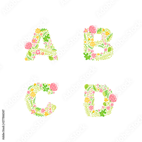 Vector Hand Drawn floral uppercase letter monograms or logo. Uppercase Letters A, B, C, D with Flowers and Branches Blossom. Floral Design