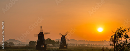 A panoramic view of the sunrise from Sorae Wetland Park, korea